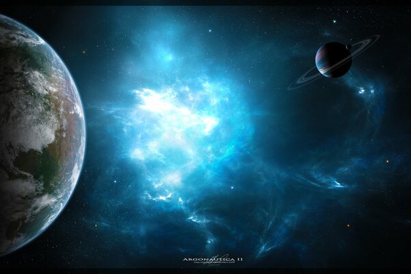 Nébuleuse stellaire entre planètes