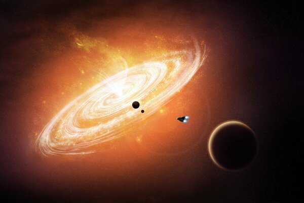 A spaceship flies near a planet against the background of the galaxy