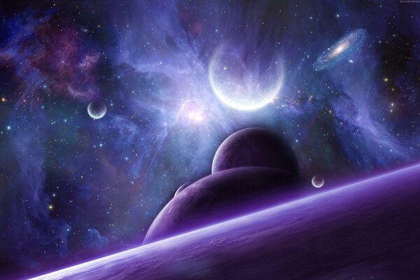Purple nebula with planets and stars