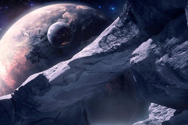 Arco di arte spaziale sul pianeta del ghiaccio