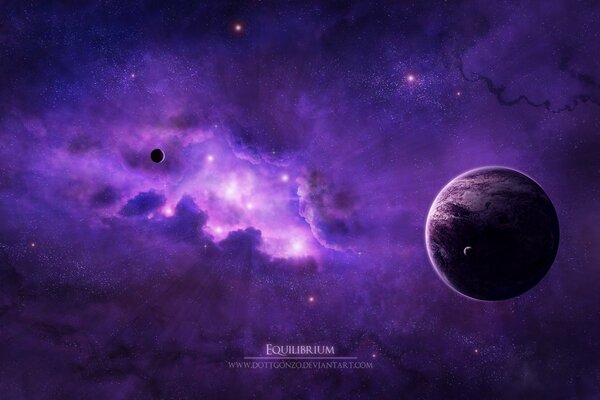 На фиолетовом фоне красивые звёзды и планеты