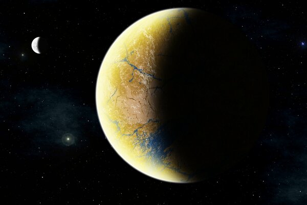 Planète avec une surface jaune et avec un satellite en orbite