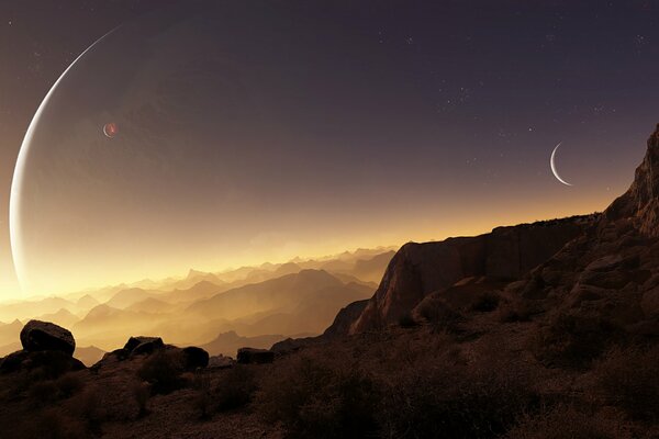 Cumbre rocosa con fondo de Luna amanecida