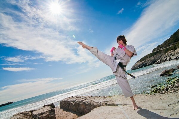 A girl with a black belt in a kimono