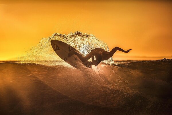Beau Surf pendant le coucher du soleil sur la vague