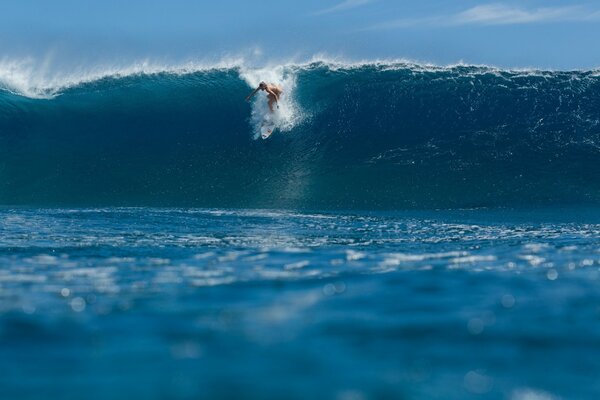 Surfista a horcajadas en la ola del mar