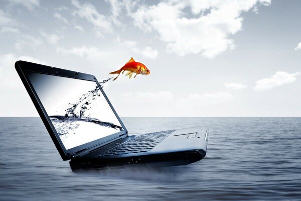 Fish jumping out of a computer into the ocean