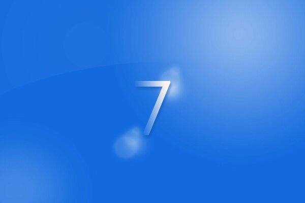 Transparent white number 7 on a blue background with reflections of the sun