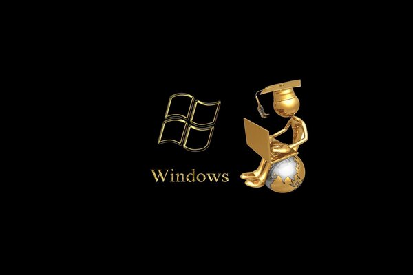 Windows-Emblem und ein Mann nebenan mit einem Laptop mit einem lustigen Hut