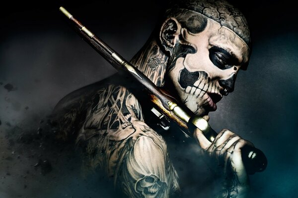 A gothic samurai with a gun and tattoos