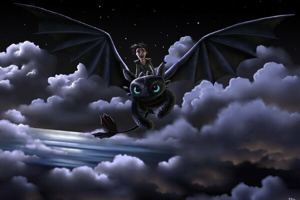 Vol de nuit sur un dragon noir dans les nuages