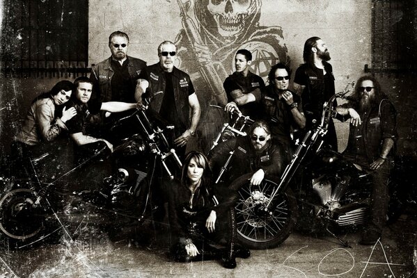 Anarchist biker club. Black and white photo