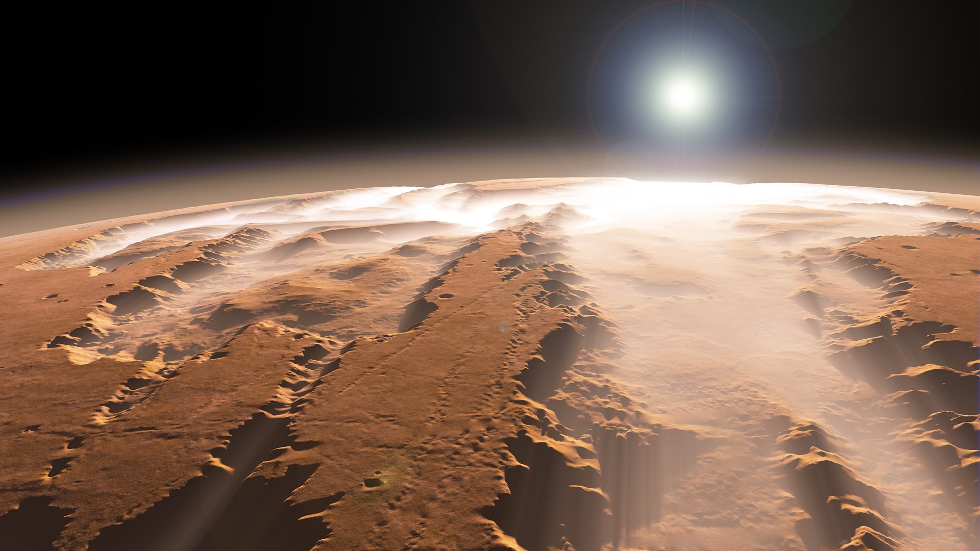 marte canyon sole nebbia pianeta