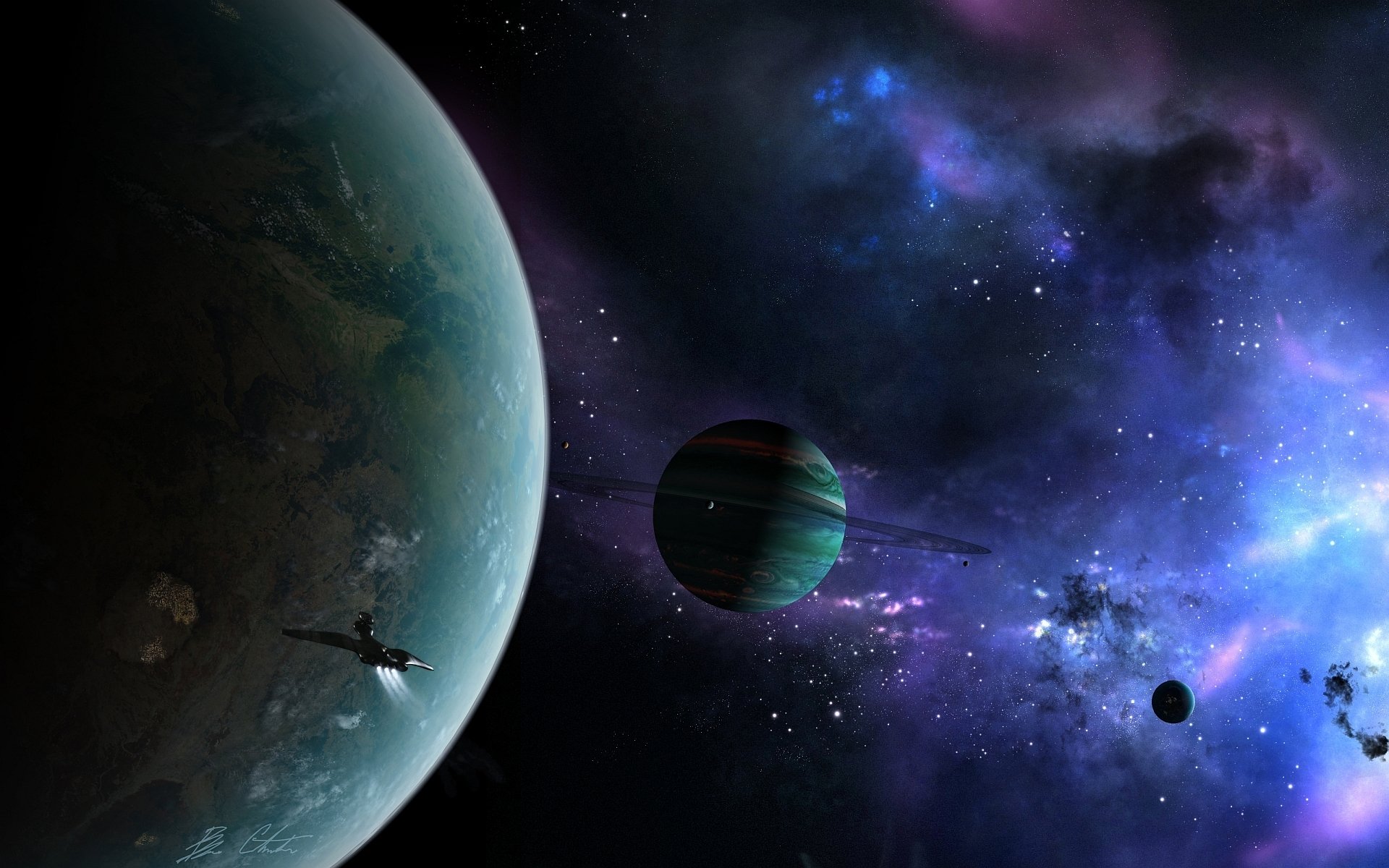 espacio planetas nave anillos nebulosa