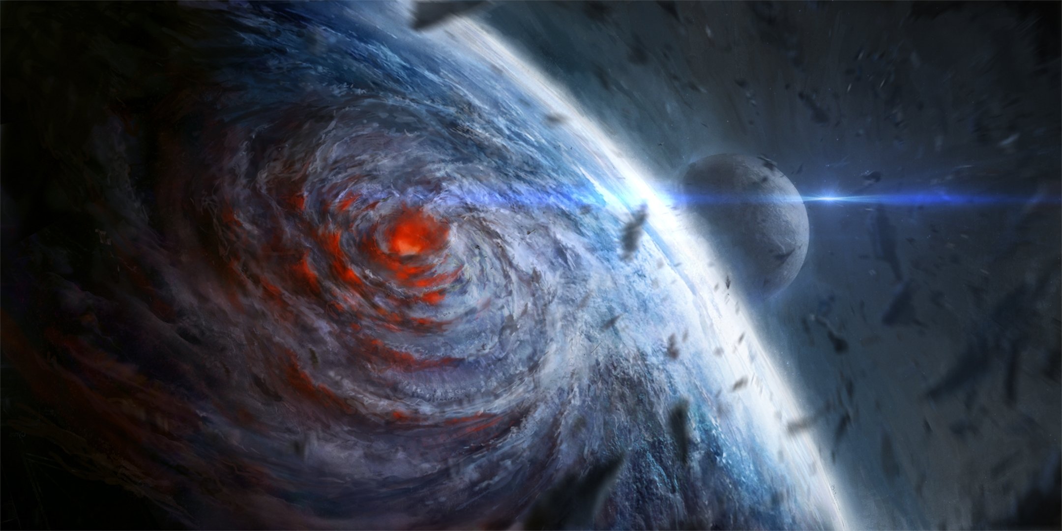 art chriscold kosmos planeta satelita skały huragan lejek