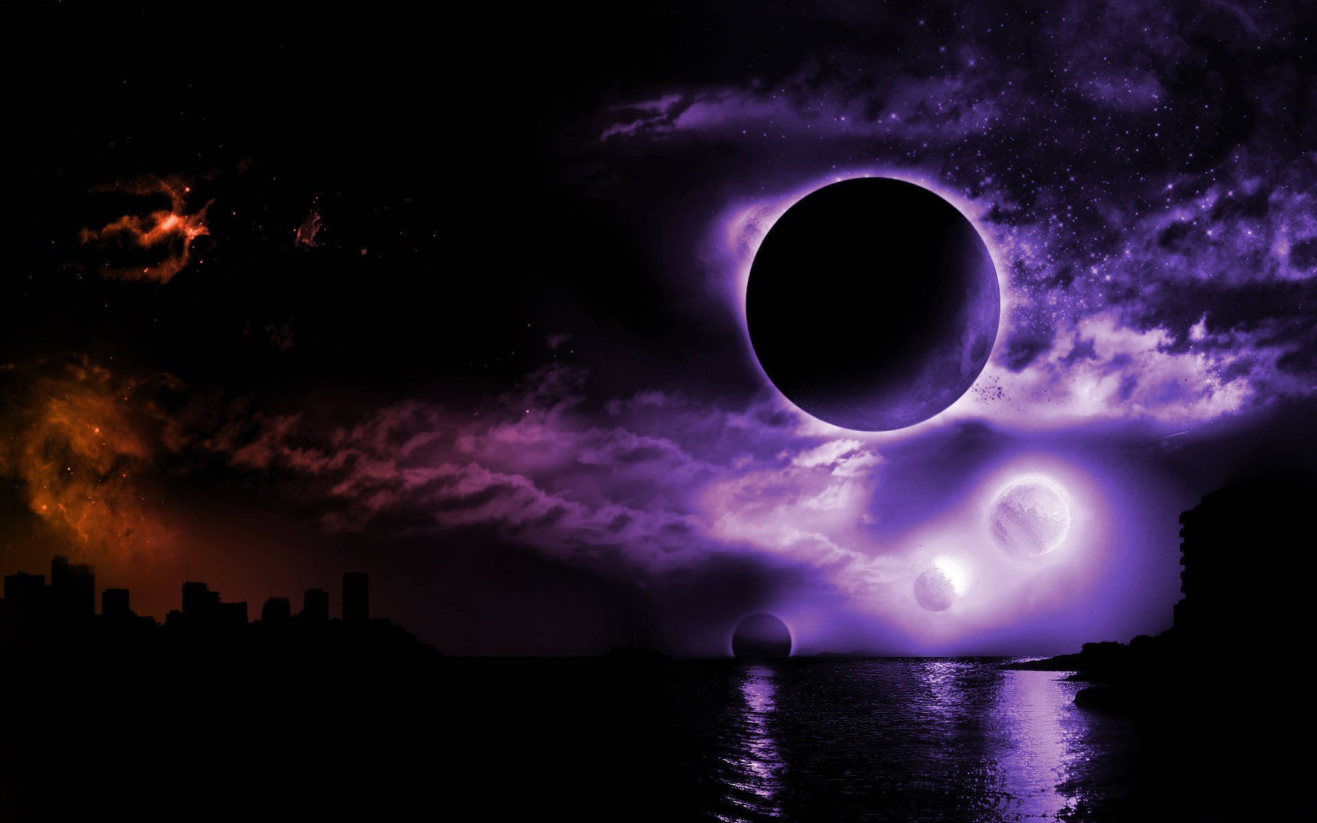 planetas mar ciudad oscuridad