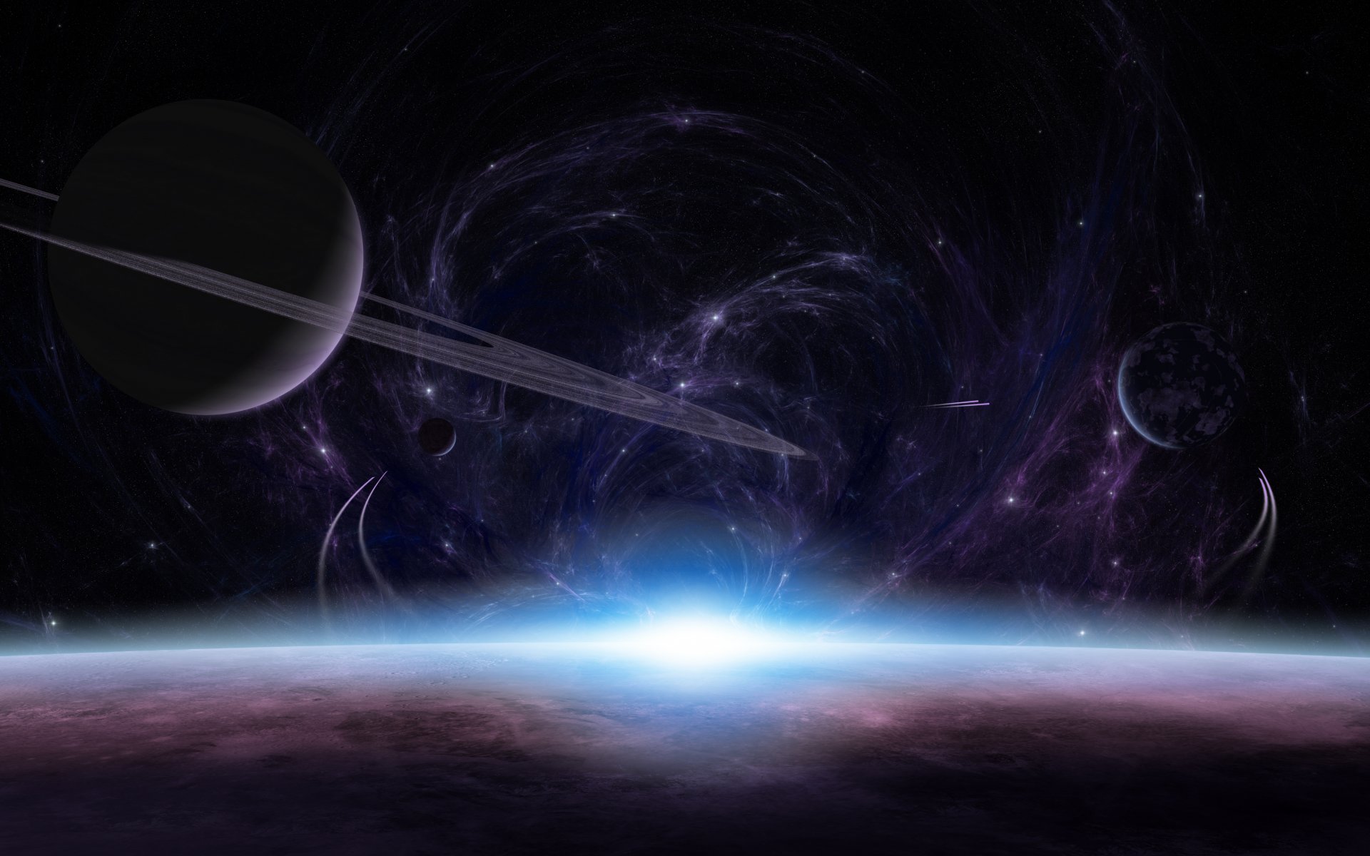 planety atmosfera powierzchnia wschód słońca światło pierścienie satelity gwiazdy mgławica statki kosmiczne