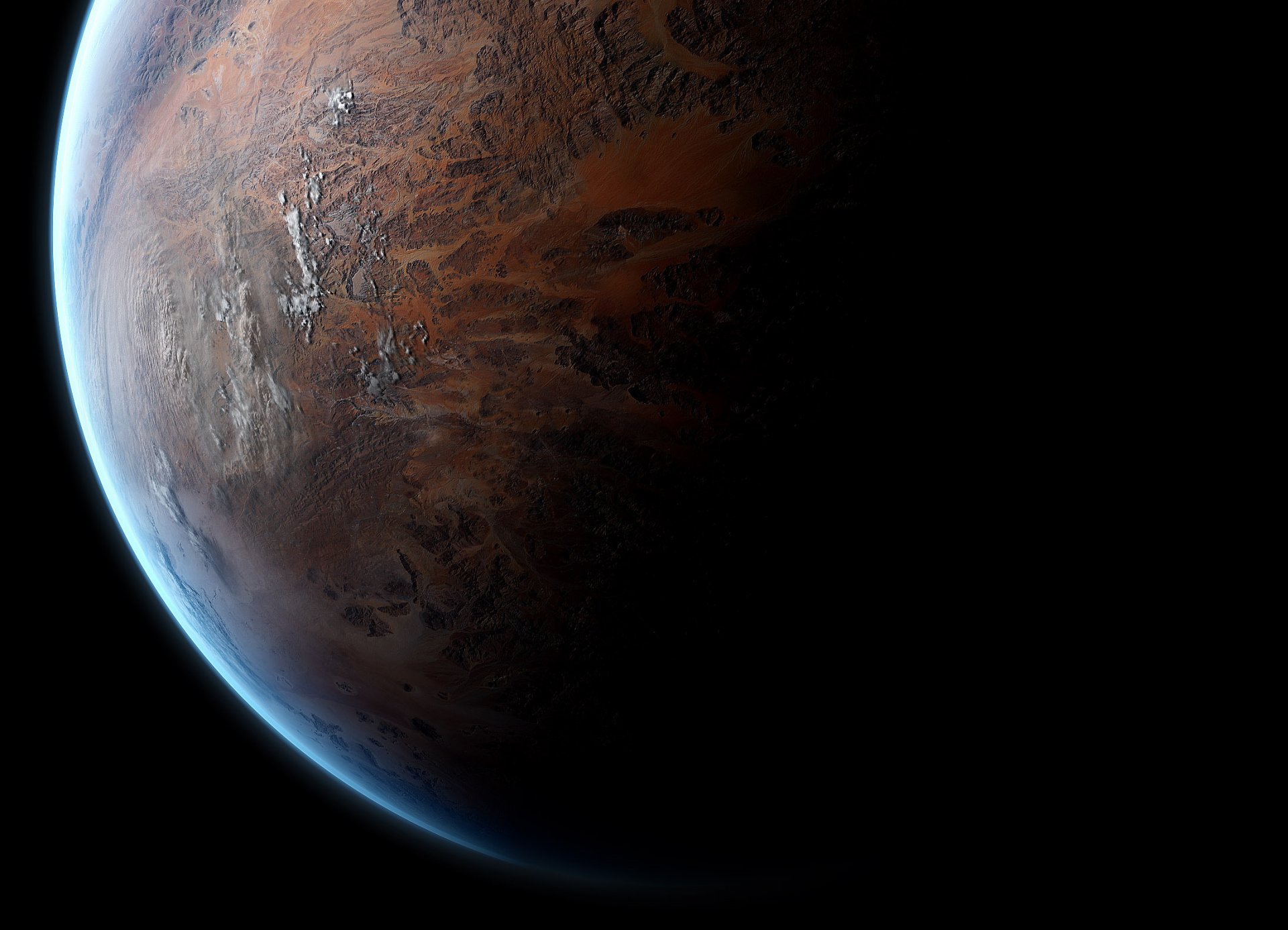 espace planète relief surface atmosphère ombre lumière