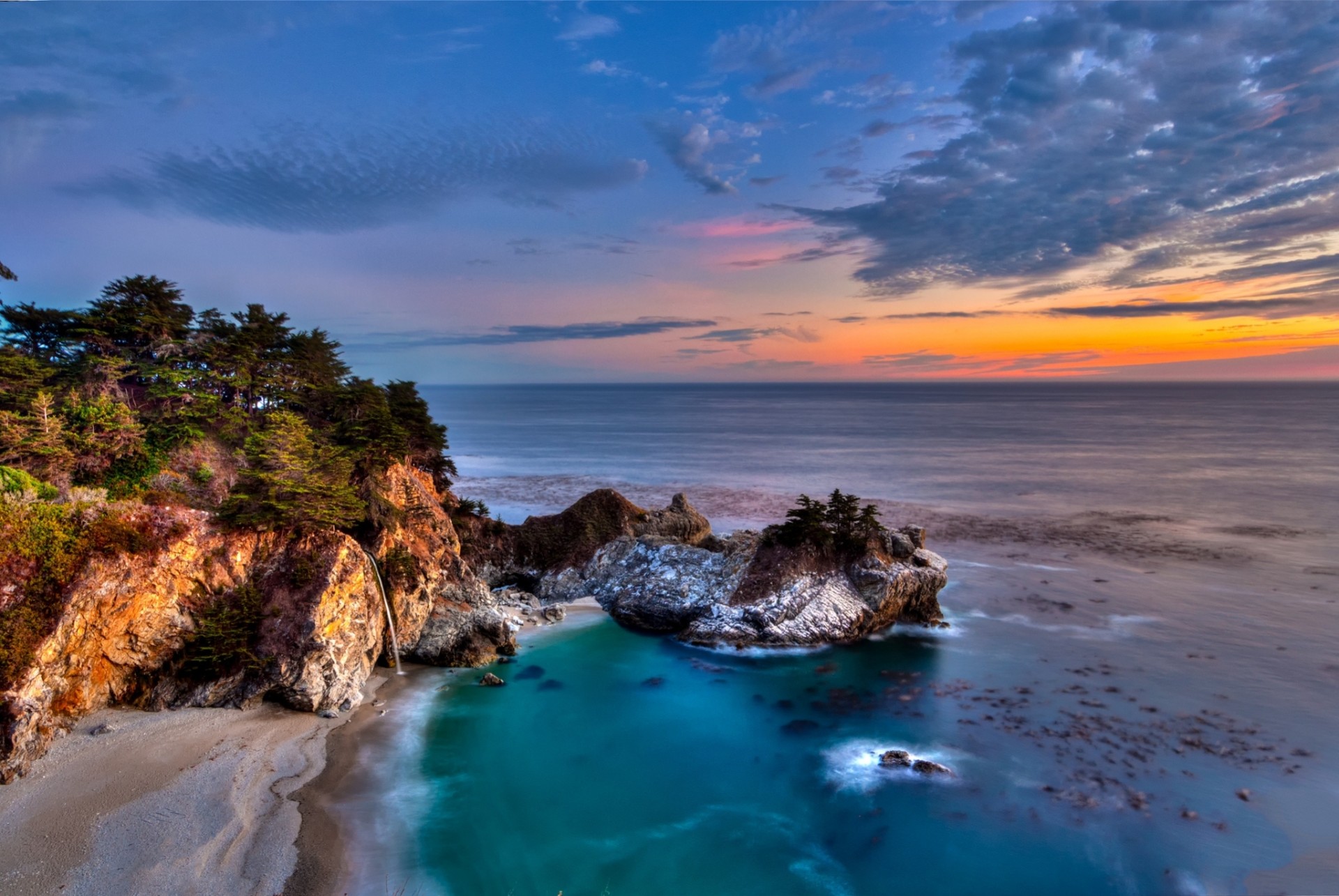 california cascada puesta de sol big sur costa océano pacífico océano rocas