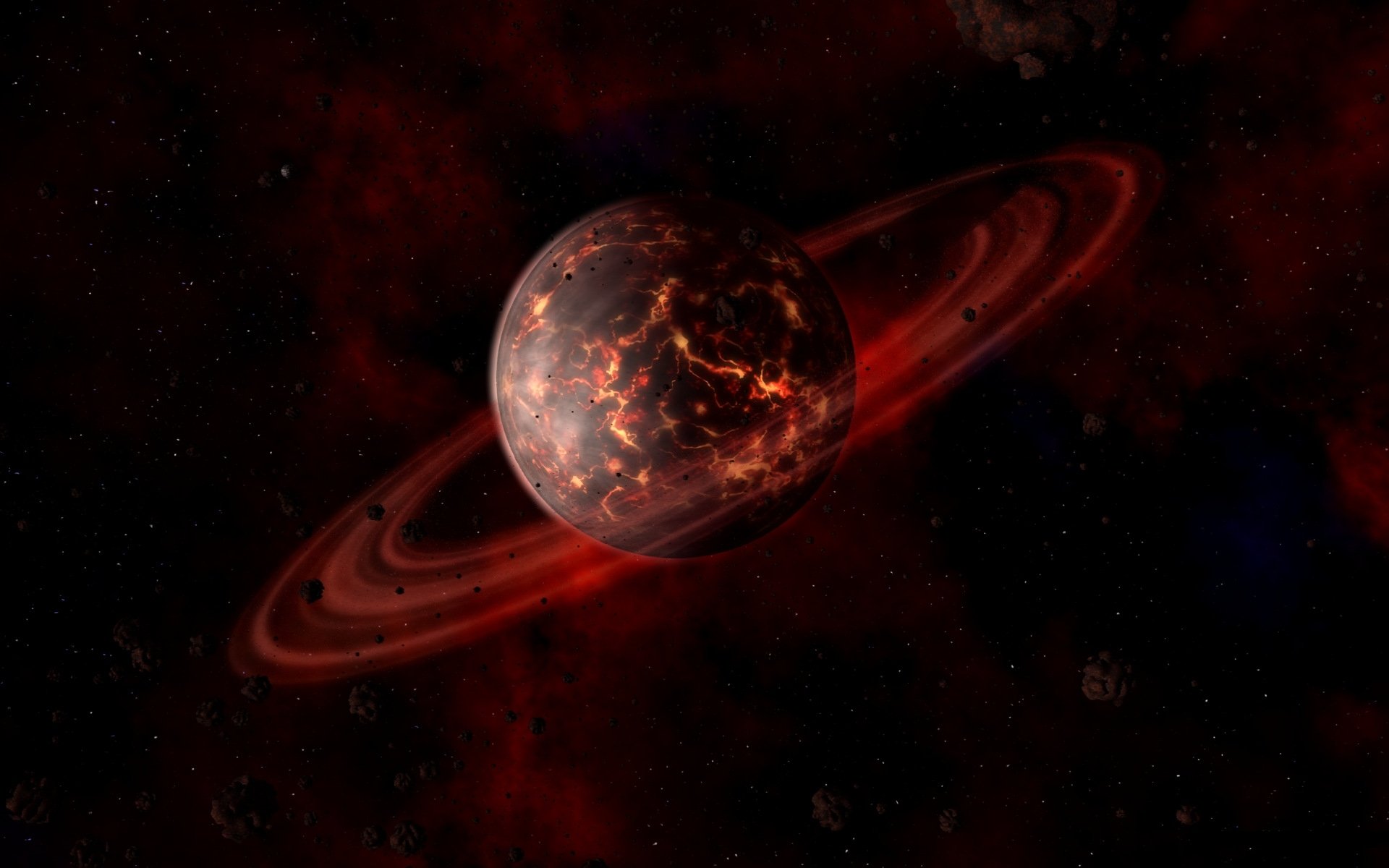 pianeta anelli spazio rosso lava crepe meteoriti