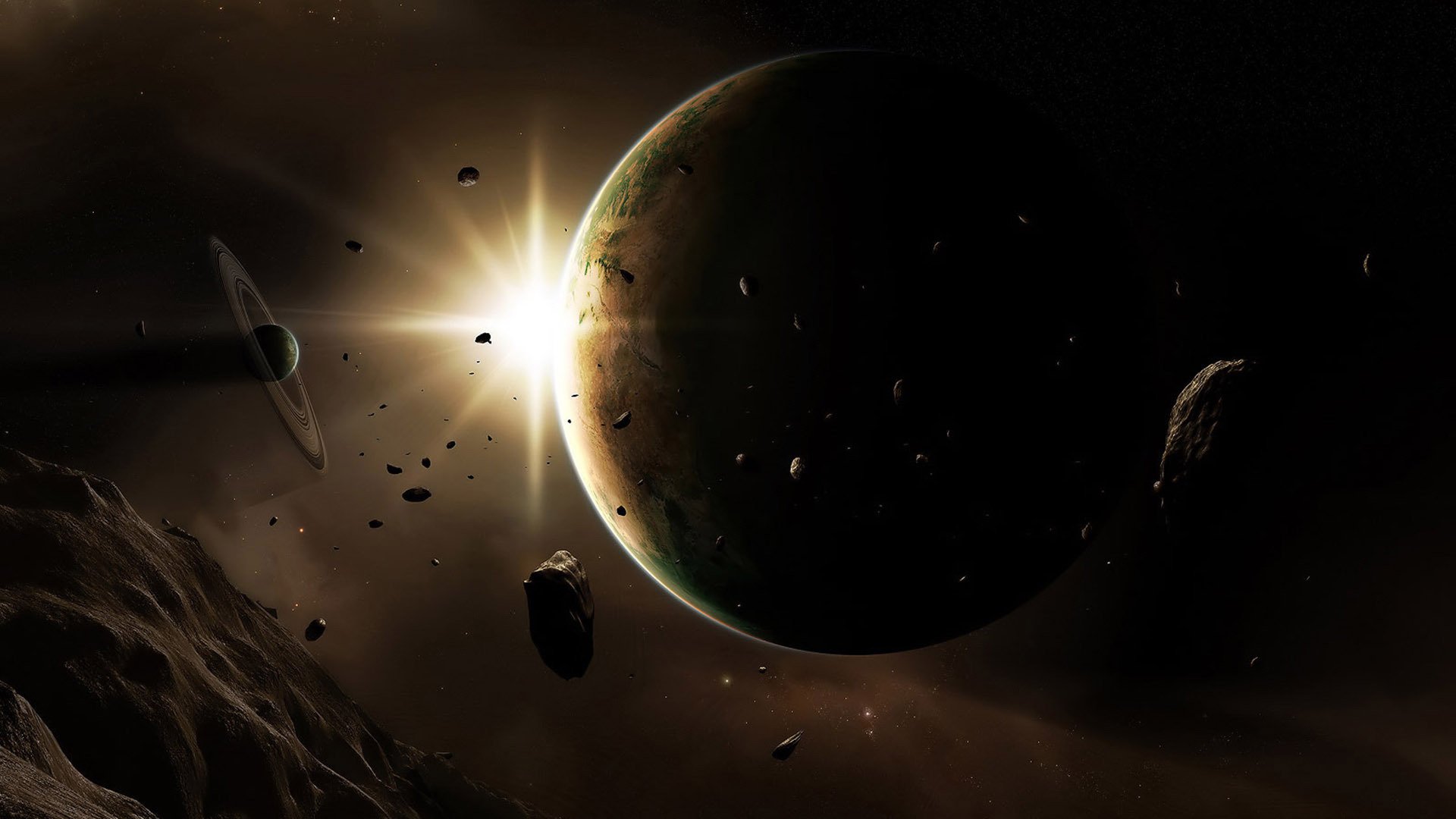 espacio planetas resplandor luz asteroides meteoritos espacio cuerpos