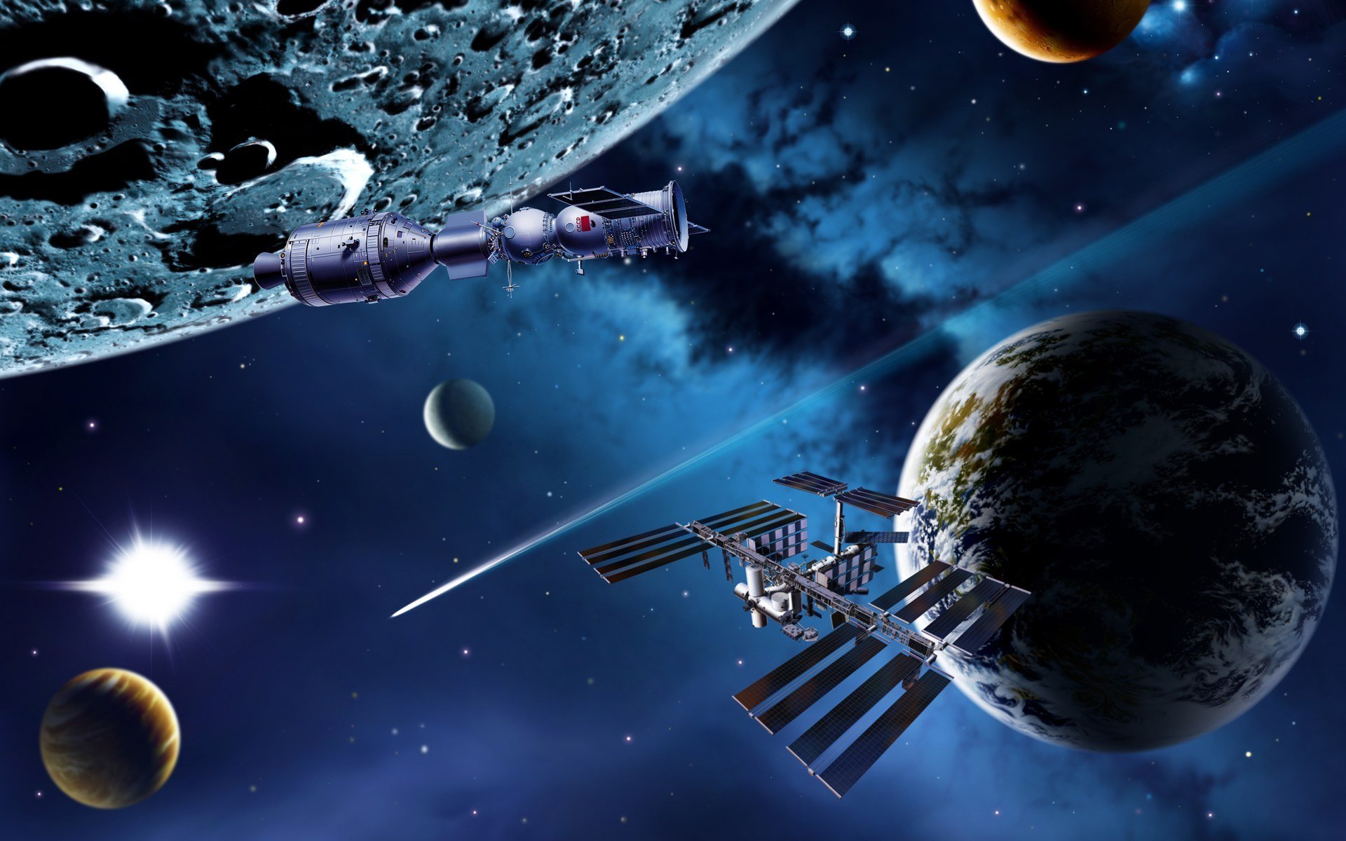 espacio planetas naves arte render