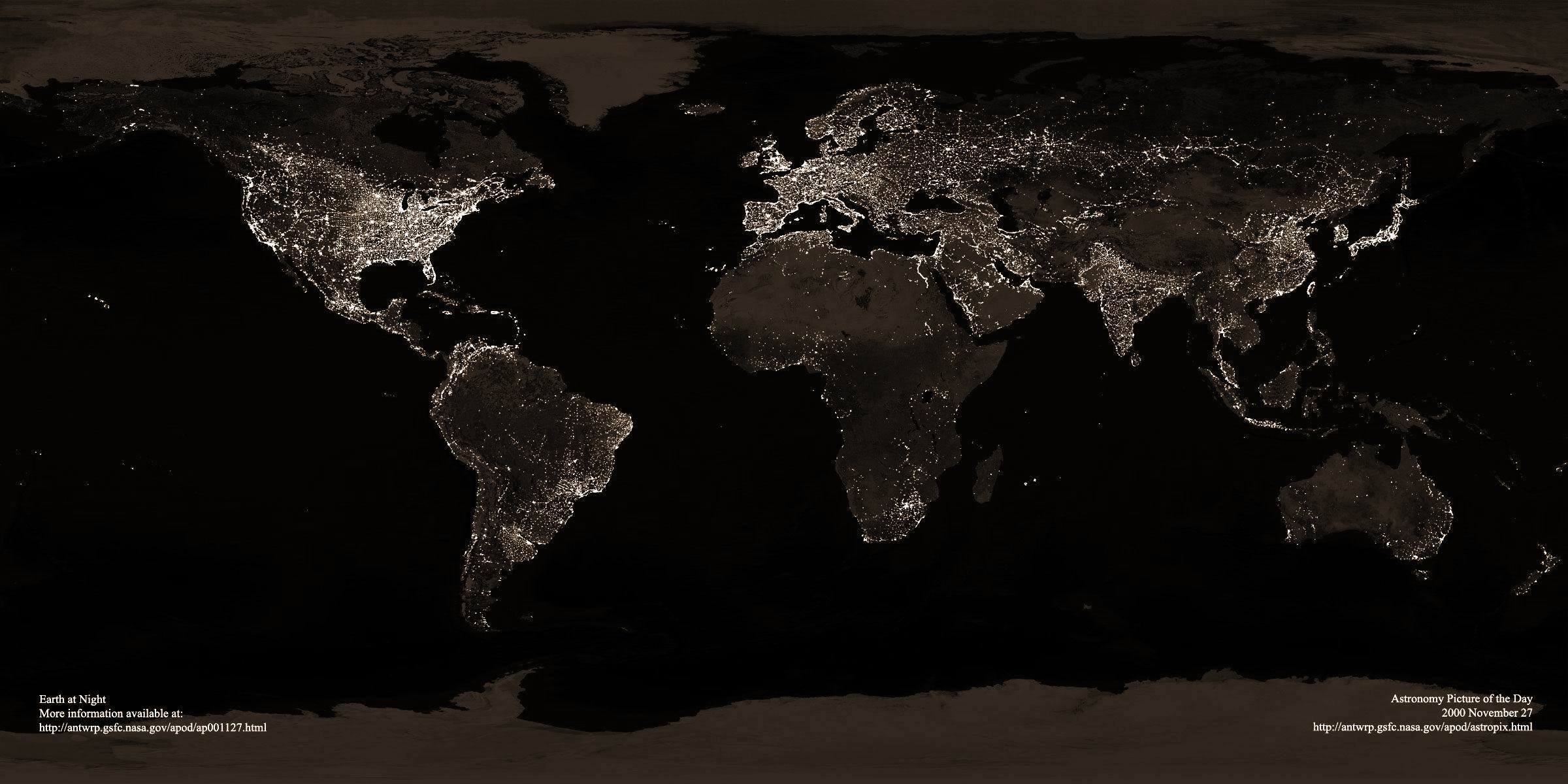 terra notte luci città paesi continenti oceani