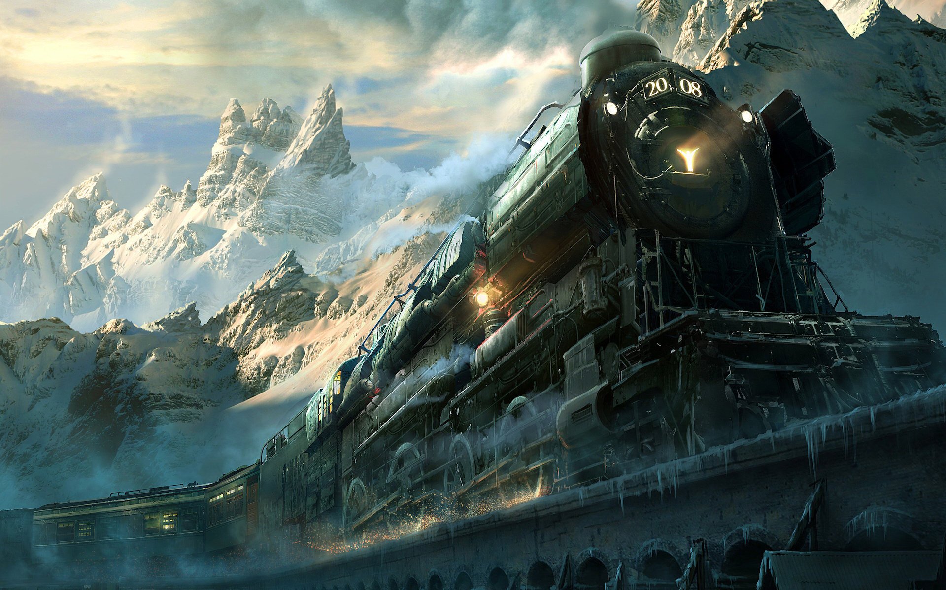 invierno locomotora de vapor montañas nieve cielo