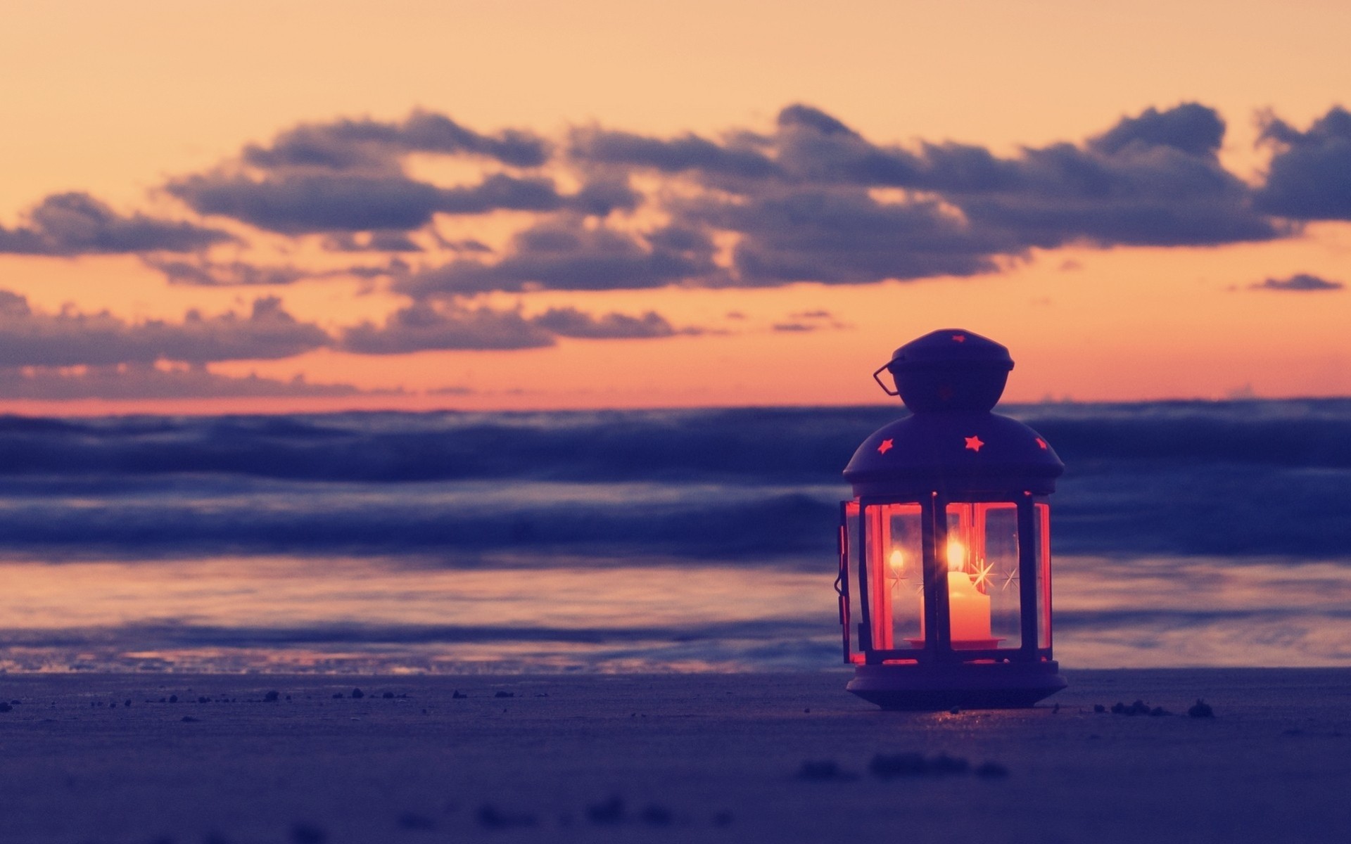 strand kerze nacht wolken meer sand lampe