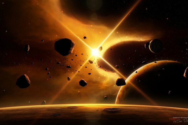 Asteroiden über dem Planeten von der Sonne beleuchtet