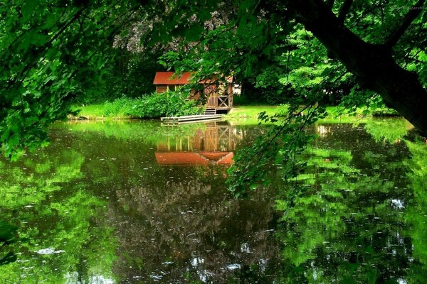 Mały domek nad jeziorem pięknie odbijający się w wodzie