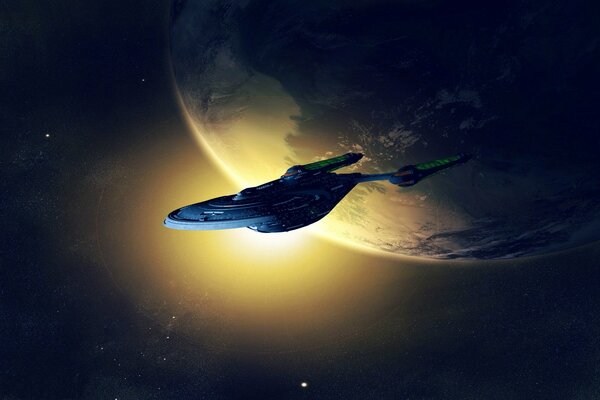 Ein Star Trek-Raumschiff, das in der Nähe eines Planeten fliegt