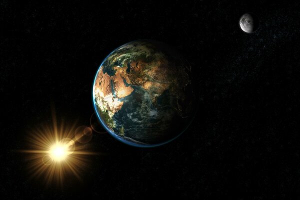 Le soleil illumine la Terre et son satellite naturel-la lune
