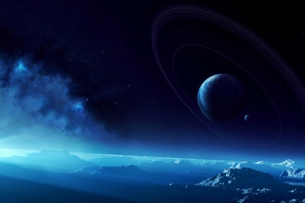 Surface de la planète avec des planètes dans le ciel