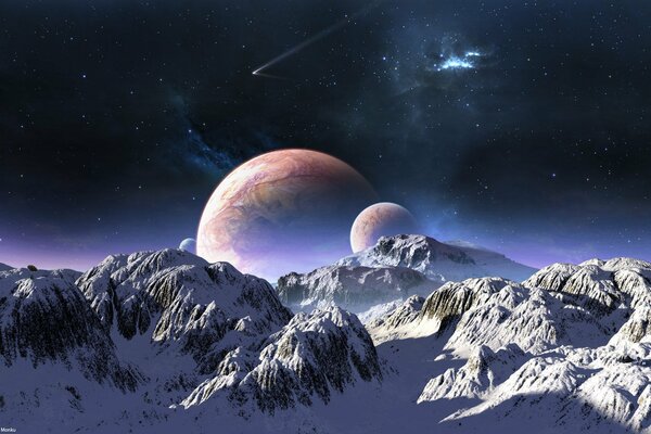 Paysage de montagne avec vue sur les étoiles et les planètes