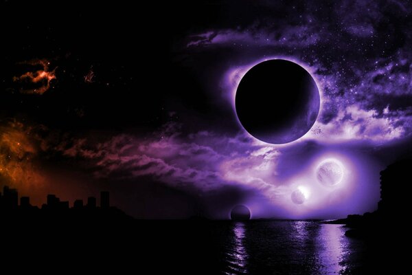 Planets above the sea on a dark background