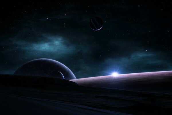 Sunrise in the nebula on the background of planets