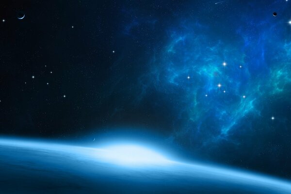 Nebel im Weltraum vor dem Hintergrund von Planeten und Sternen