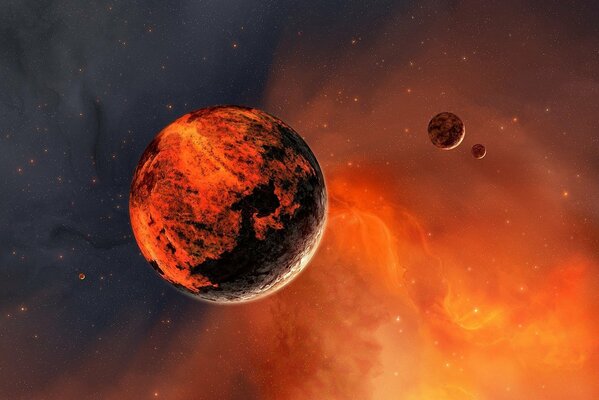 Satellites et planète dans l espace brumeux
