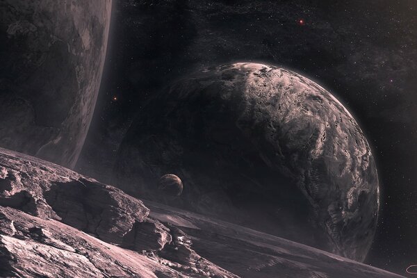 Die kosmische Landschaft des Planeten und der Satelliten