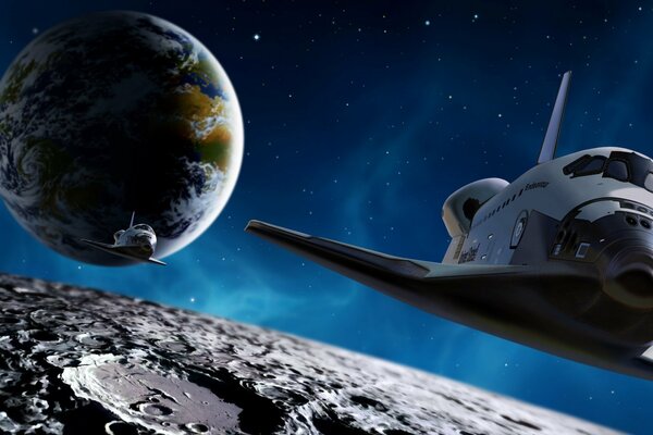 The departing shuttle from the planet to the stars