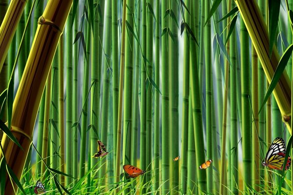 Butterflies on a background of green bamboo