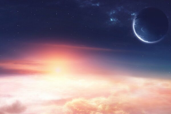 Planet, clouds, sunlight at sunrise