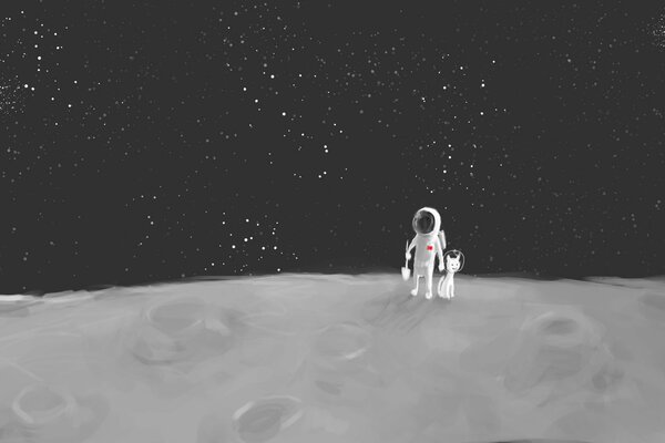 Astronauta y gato exploran la Luna