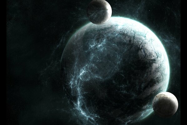 A dark lifeless planet with two moons