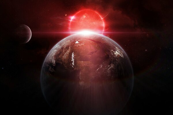 The light of the sun over a planet with a satellite in space