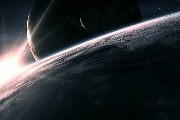 Vue de la planète avec son compagnon