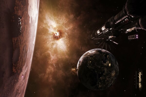 Planeten und Raumschiff vor dem Hintergrund der Sonne