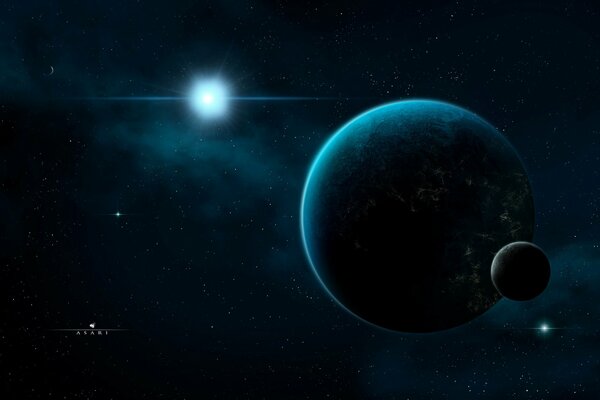 A planet and a satellite in the darkness of space
