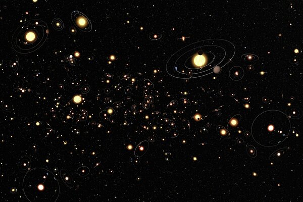 Exoplanètes, étoiles volant dans l espace noir et émettant de la lumière jaune